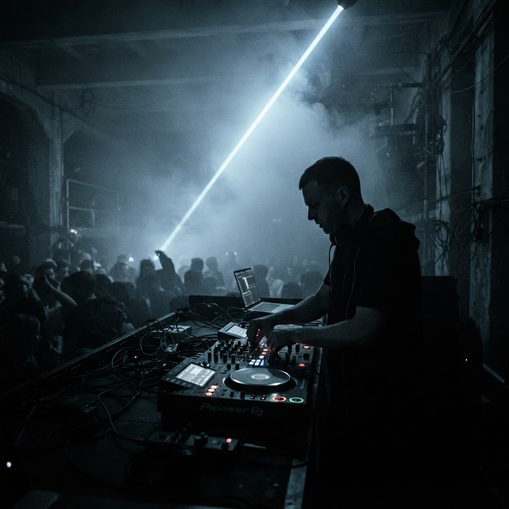 Endru Van performing behind a CDJ setup in a fog-filled warehouse