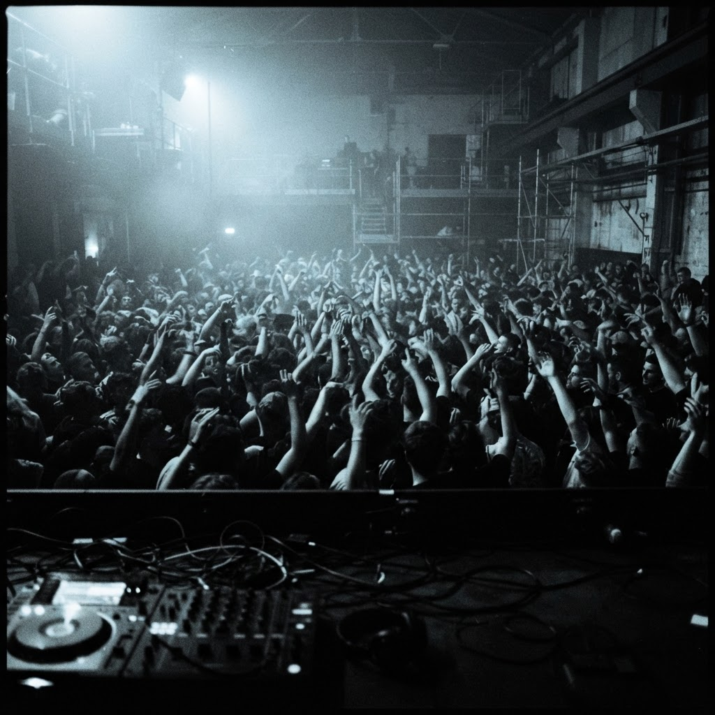 Warehouse crowd with raised hands seen from the DJ booth