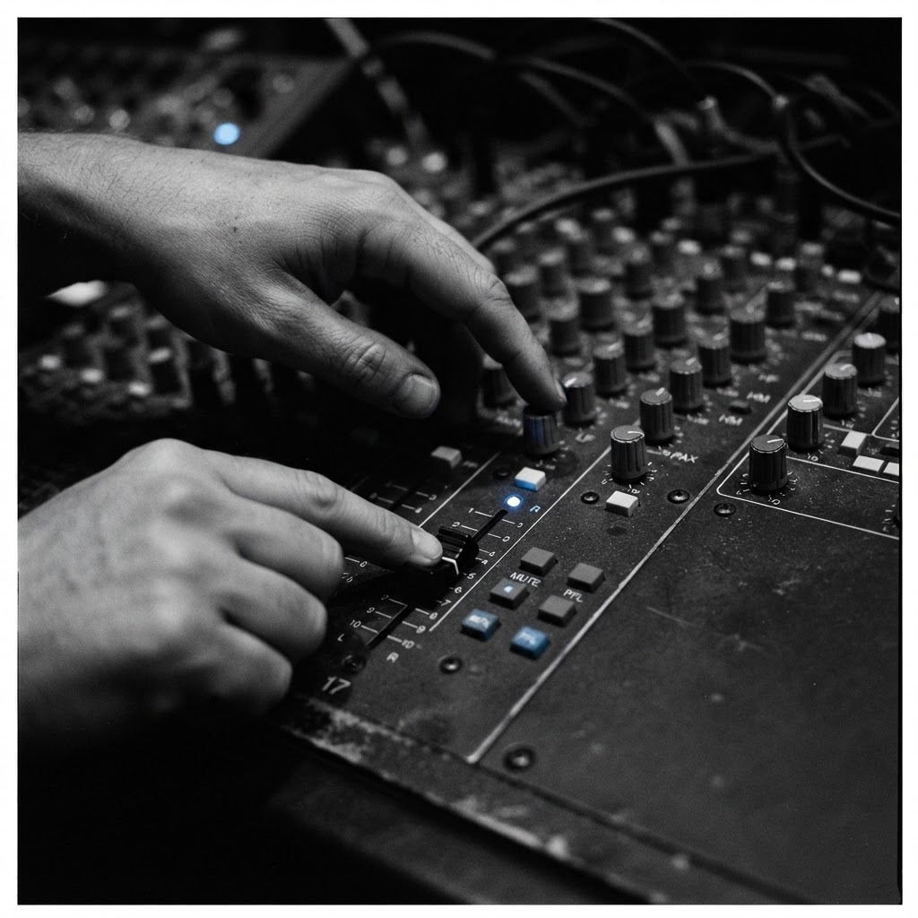 Close-up of hands on a mixer fader lit by blue LEDs