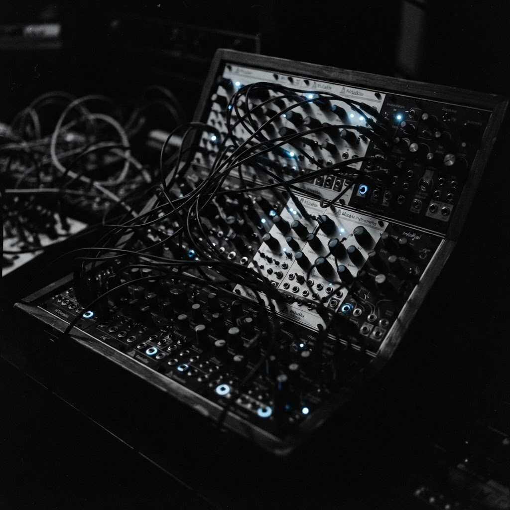 Modular synthesizer rack with patch cables in a dim studio