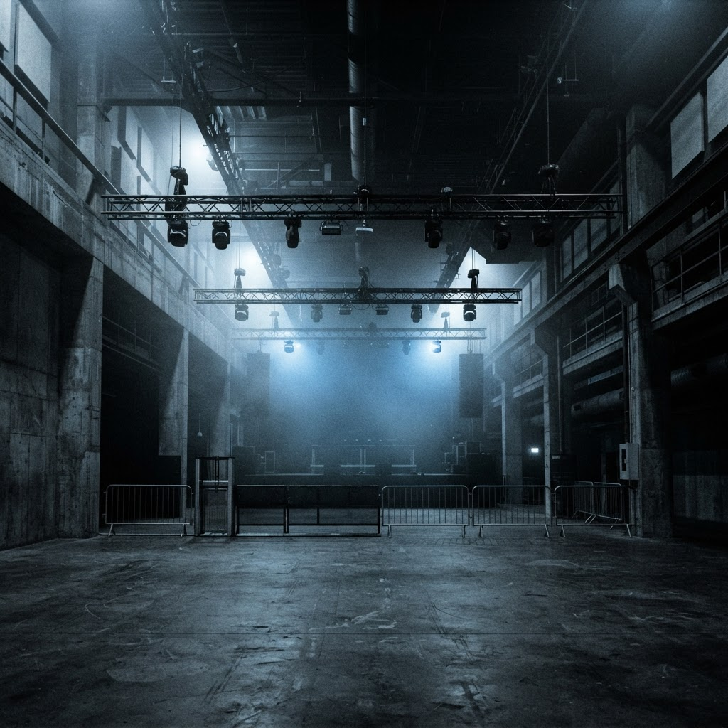 Empty industrial venue filled with haze before doors open