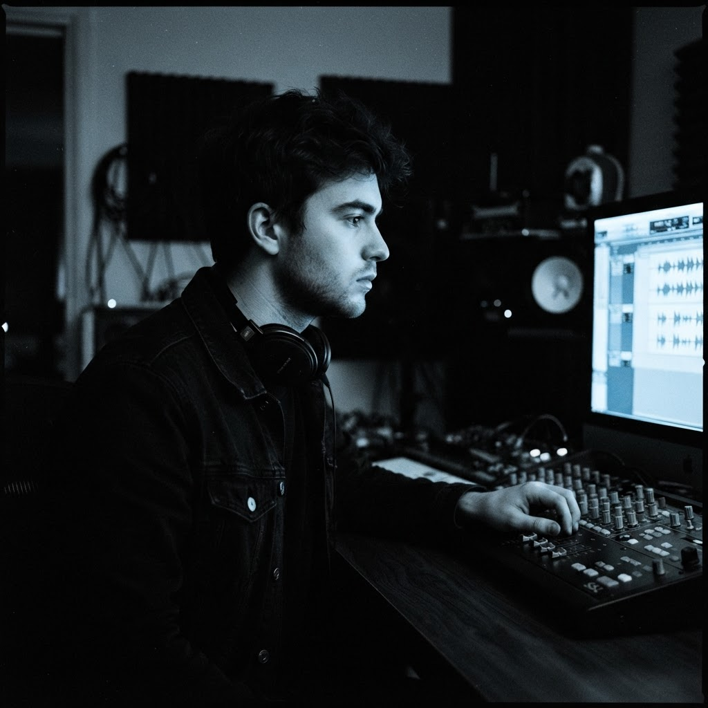 Portrait of Endru Van in the studio lit by a single cold monitor glow