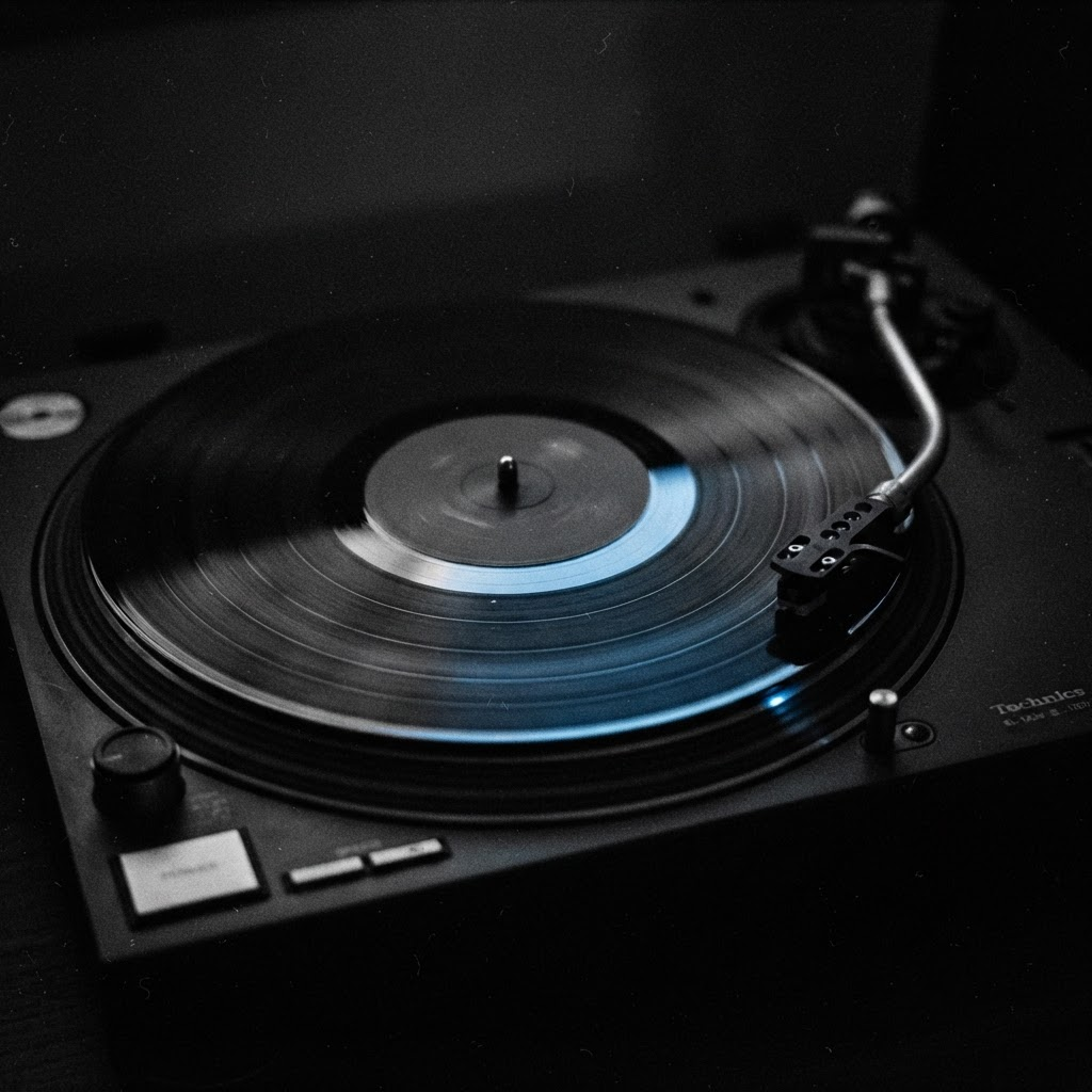 Vinyl record spinning on a turntable in near darkness